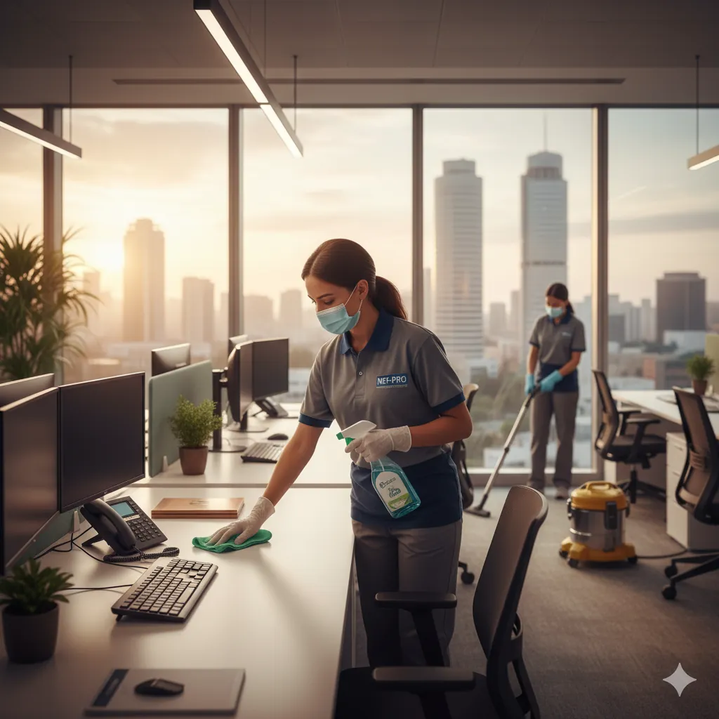 Équipe Net-Pro nettoyant un bureau moderne à Casablanca avec vue sur la ville