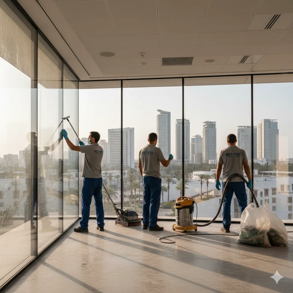 Nettoyage de fin de chantier à Casablanca par Net-Pro, grandes baies vitrées avec vue urbaine